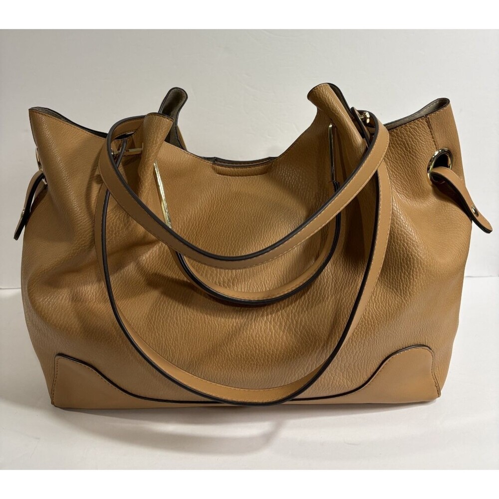 Sondra Roberts Camel Brown Vegan Leather & Leather Large Tote Shoulder Bag Purse